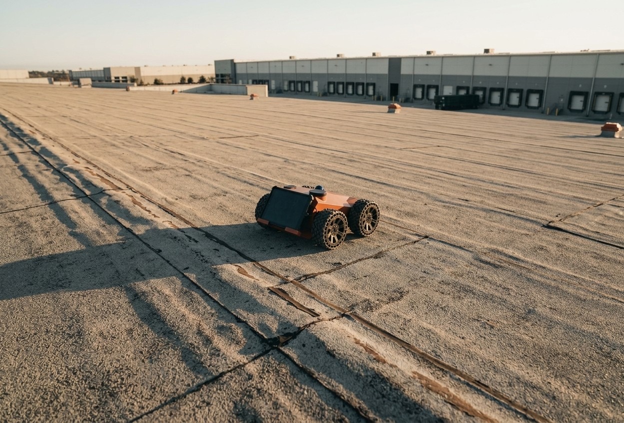 Autonomous inspection robot on a vast logistics rooftop at golden hour