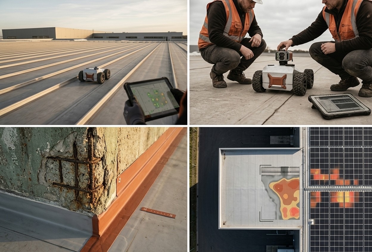 Field photographs: robot on a standing-seam roof, operators with a crawler, corroded rebar, and a top-down thermal reveal