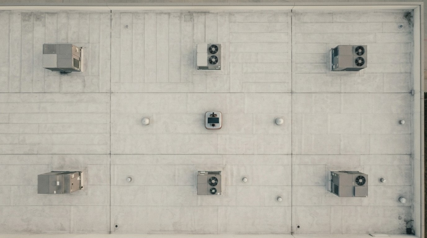 Top-down view of a logistics roof with rooftop units and an inspection robot at centre