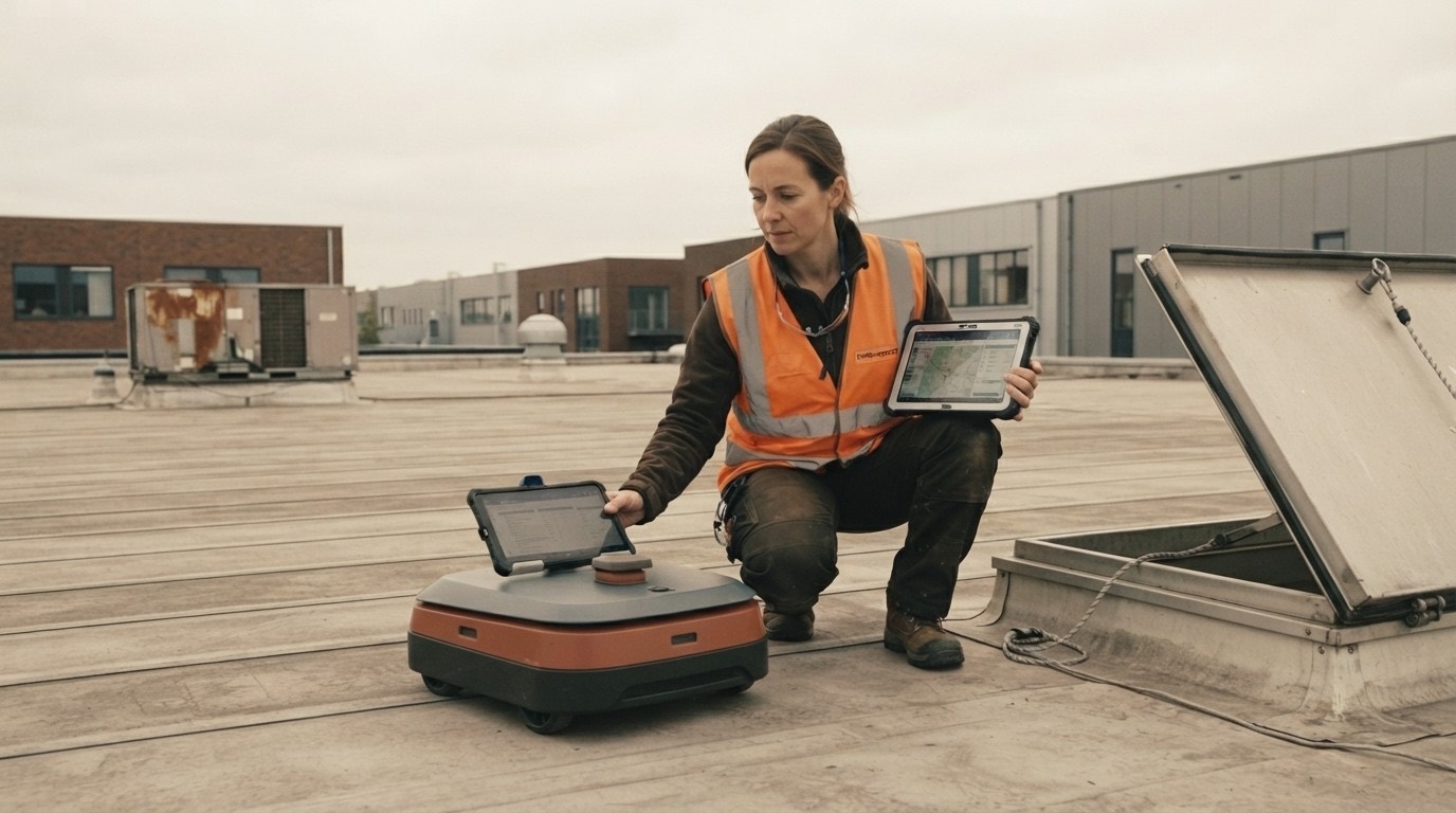 Inspection operator with a rugged tablet beside a crawler at a roof hatch
