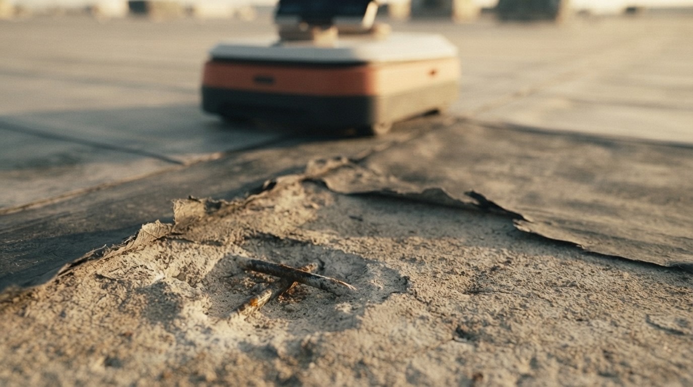 A torn roof membrane revealing corroded reinforcement beneath, inspection robot behind