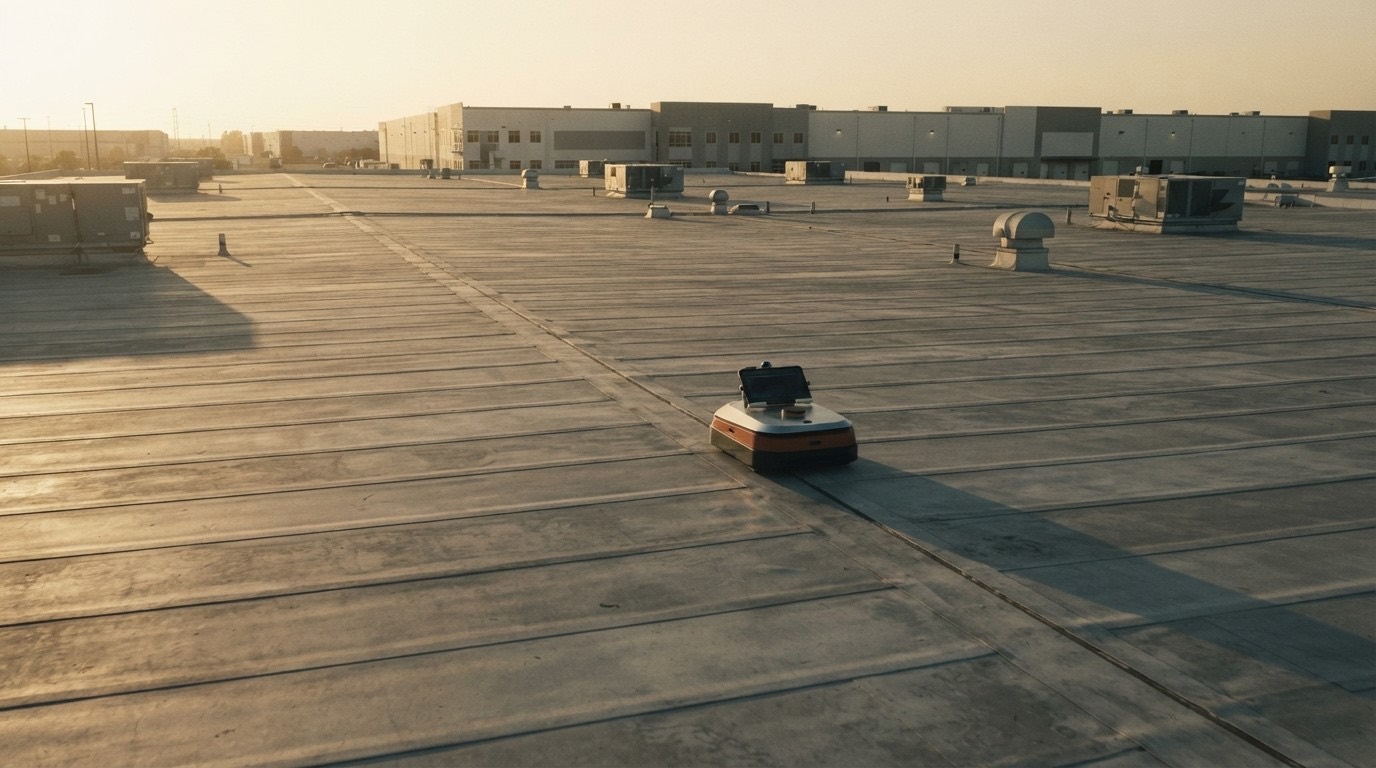 Aerial view of an inspection robot crossing a vast warehouse roof at sunrise